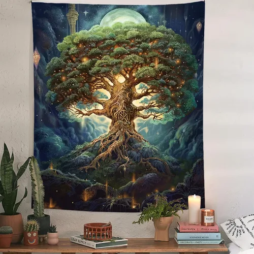 Miniatura 2 de Tapzen Tapiz de árbol de la vida para dormitorio, luna estrella, galaxia, bosque, naturaleza, decoración vertical de plantas bohemias para sala