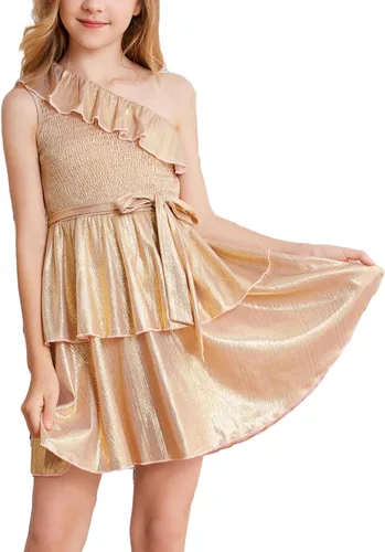 Danna Belle Vestido de fiesta de verano para niñas, con un hombro, volantes, escalonado, ropa de regalo, tallas 5-14