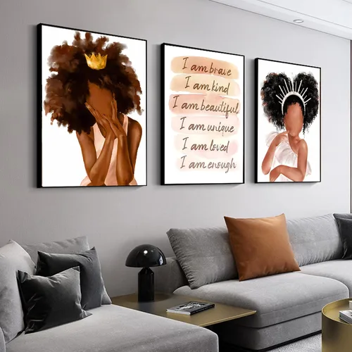 Miniatura 5 de LLOSEUP Arte de pared de reina negra, corona de princesa afroamericana, con citas de corazón arco iris, arte de pared, póster escandinavo
