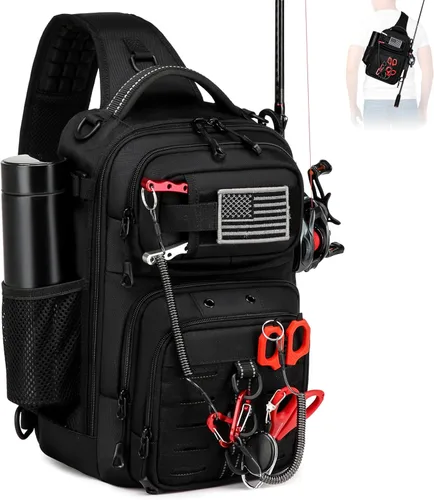 Bolsa de pesca con soporte de caña de pescar, calcomanías fijas, sistema MOLLE, cebo suave y almacenamiento de equipos, regalo para hombres, negro