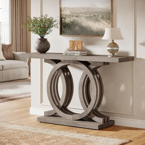 Miniatura 4 de Tribesigns Mesa consola de 55 pulgadas con base de madera geométrica, mesa de entrada moderna con mesa gruesa para sala de estar, pasillo, Marrón