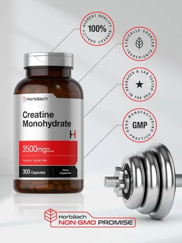 Miniatura 5 de Horbäach Cápsulas de monohidrato de creatina 3500 mg 300 unidades Suplemento sin OMG y sin gluten
