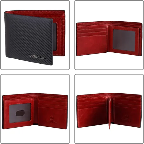Miniatura 3 de VISOUL Billetera de cuero de fibra de carbono con bloqueo RFID para hombre con 2 ventanas de identificación cartera de cuero para hombre negro