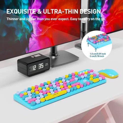 Miniatura 6 de FOPETT - Juego de teclado y mouse inalámbricos de 2.4 GHz con botón de interruptor, teclado de tamaño completo, compatible con V2030 Azul Colorido