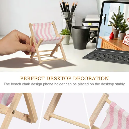 Miniatura 4 de Beavorty Silla de playa Soporte para teléfono móvil Soporte de escritorio de madera y lona para silla de playa de madera en miniatura, soporte