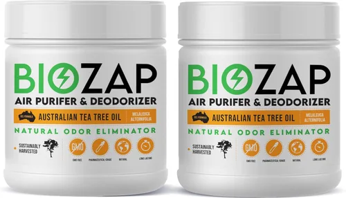 BioZap - Purificador de aire y desodorante (paquete de 2) gel de aceite de árbol de té australiano de grado farmacéutico, limpia naturalmente