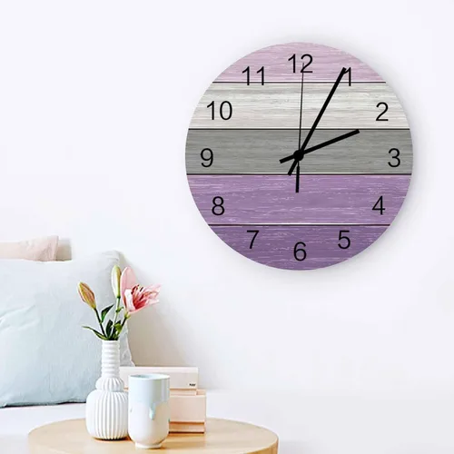 Miniatura 3 de Reloj de pared de madera púrpura de 12 pulgadas, silencioso, sin tictac, reloj de pared redondo, estilo campestre vintage, rayas grises y moradas