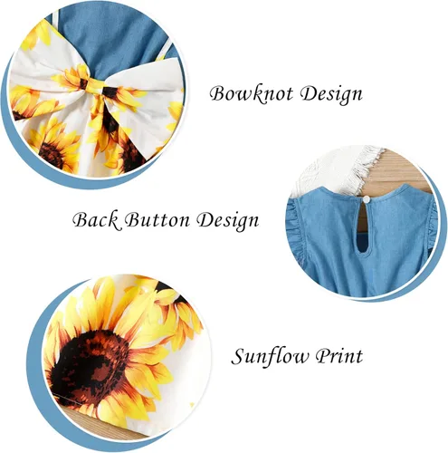 Miniatura 6 de PATPAT Vestidos de verano sin mangas para niña pequeña, ropa de verano para bebé, mezclilla con lazo, falda floral, vestido de verano de 3 a 24 meses