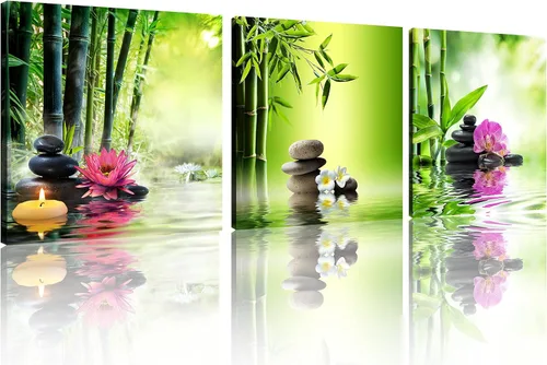TutuBeer 3 Paneles Arte Zen Decoración Spa Verde Bambú Decoración Rosa Aguas y Frangipani Imágenes Pintura Zen en Lienzo Impresiones Arte Bambú y