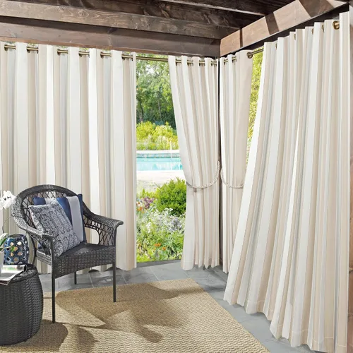 Miniatura 12 de Par de paneles de cortina con ojales Sun Zero Valencia estilo cabaña a rayas para interior/exterior con protección UV y eficiencia energética