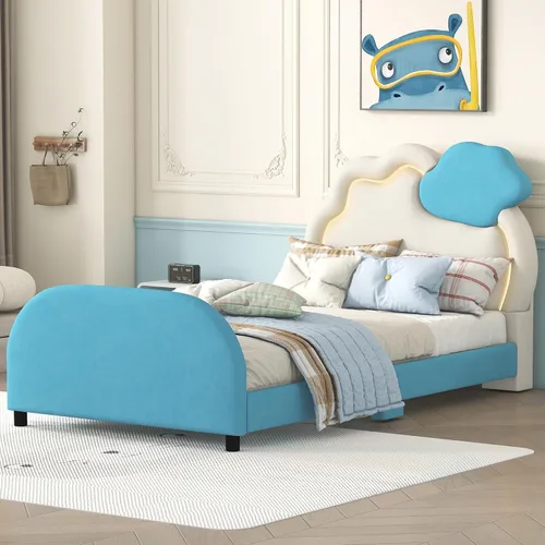 Miniatura 31 de Cama de plataforma tapizada de tamaño individual con cabecero en forma de oso y rayas de luz incrustadas, bonito marco de cama de plataforma