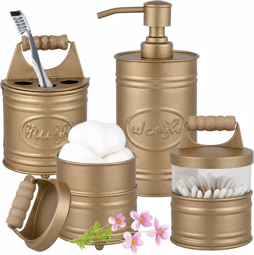 Autumn Alley Juego de 4 accesorios de baño de oro antiguo, dispensador de jabón de granja, soporte para cepillo de dientes, 2 frascos de boticario -