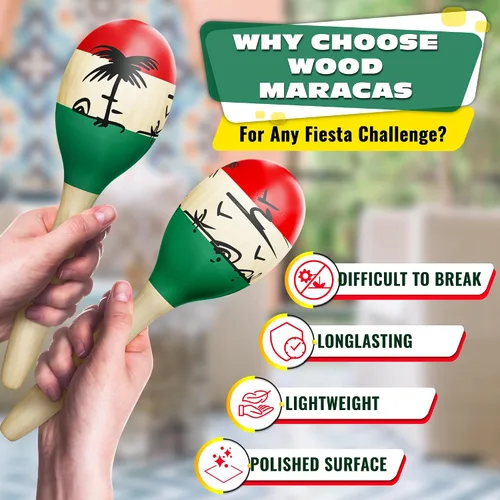 Miniatura 3 de Maracas grandes de madera para adultos, juego de instrumentos de percusión duraderos de 9.6 pulgadas, diseño colorido, sonido vibrante, para música