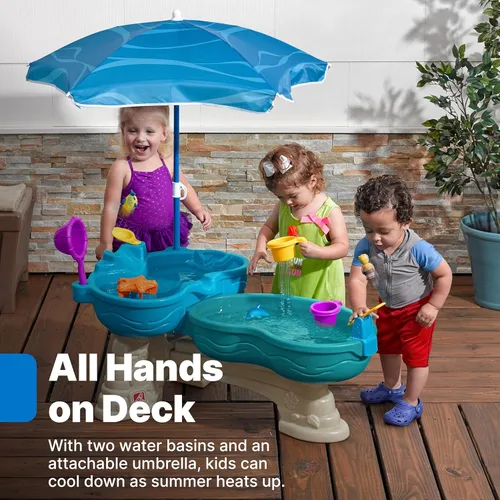 Miniatura 9 de Step2 Mesa de agua marítima para derrame y salpicadura, juego sensorial de dos niveles para actividades de agua y arena, viene con paraguas