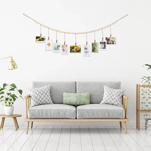 Miniatura 6 de Jetec - Guirnalda de fotos con clips, guirnalda de cuentas de madera bohemia de 4 pies para colgar fotos, soporte para fotos para dormitorio