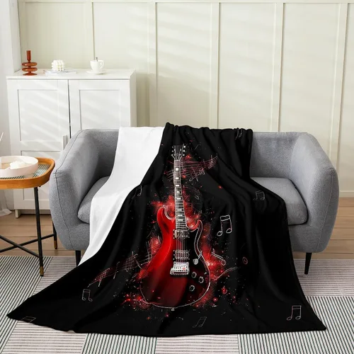 Miniatura 3 de Red Guitar Flannel Fuzzy Blanket,Hip Pop Music Fleece Throw Blanket Kids Girls Boys Home Room Decor,Red Fire Fashion Guitar Bed Blanket,Musical Note