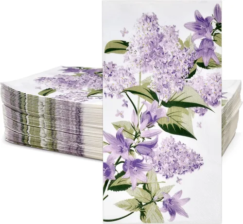 Miniatura 2 de 100 servilletas para invitados, diseño floral morado, 3 capas, desechables, papel lila, toallas de mano elegantes, decoración de flores