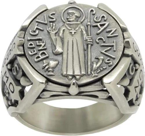 Miniatura 2 de St Benedict christian catholic ancient Sterling Silver 925 medal mens ring, Exorcism