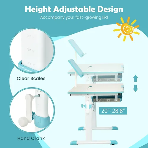 Miniatura 4 de Costzon Escritorio para niños, mesa de estudio ergonómica de altura ajustable para niños con escritorio inclinable y soporte para libros, cajón
