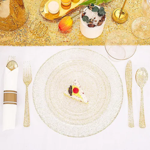 Miniatura 3 de DaYammi 112 platos de plástico con purpurina dorada, vajilla desechable dorada, platos de plástico dorados que incluyen 16 platos de postre, 16