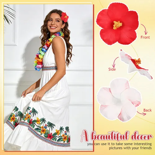 Miniatura 5 de Garneck 10 flores artificiales de hibisco, flores tropicales de imitación, flores de hibisco falsas rojas, plumeria vívida para Hawaii Luau mesa