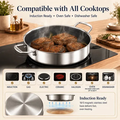 Miniatura 6 de DELARLO Sartén de tres capas de acero inoxidable de 10 pulgadas Sartén de freír profunda de 3QT con tapa Sartén de saltear con tapa Compatible