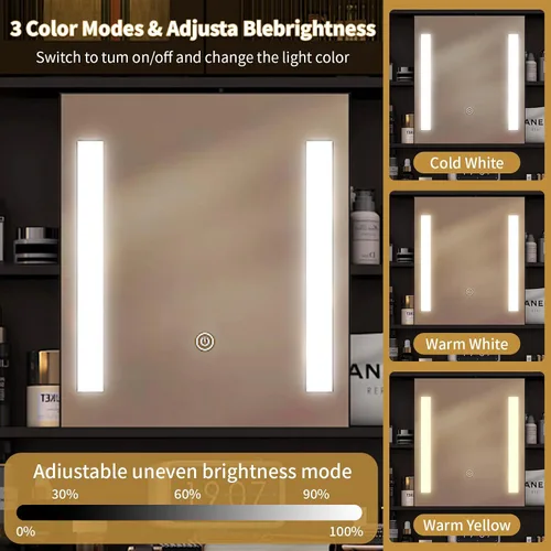 Miniatura 4 de VINGLI Tocador 3 en 1 con espejo deslizante iluminado LED y taburete acolchado sobre ruedas, pequeño tocador de maquillaje con 3 cajones y 2 Negro