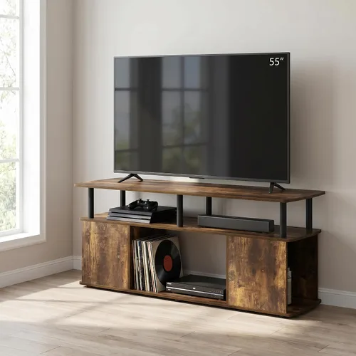 Furinno Jaya Soporte de TV, centro de entretenimiento de 3 niveles con estante abierto, consola de TV para TV de hasta 50 pulgadas con Roble ámbar