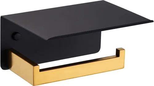 Soporte de papel higiénico con estante para teléfono, color negro y dorado, dispensador de rollos de papel de acero inoxidable APLusee 304,
