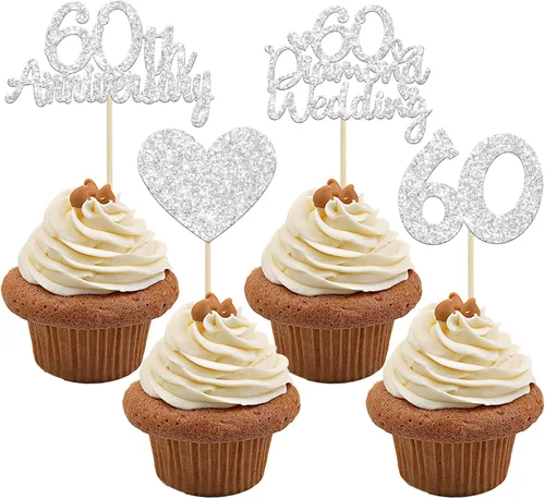 Miniatura 8 de Gyufise 24 adornos plateados para cupcakes de 25 aniversario, boda, aniversario de 25 años, decoración de pastel de corazón para 25 decoraciones