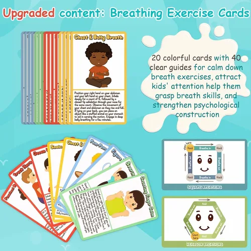 Miniatura 5 de Garybank Dados de yoga para niños con 12 tarjetas de yoga, 20 tarjetas de ejercicio de respiración, suministros de esquina para calmar, juego