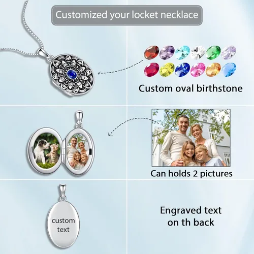 Miniatura 6 de Shusukue Collar con medallón de forma redondacorazónovalada que sostiene imágenes, plata de ley 925, fotos de piedra natal personalizadas, colgante