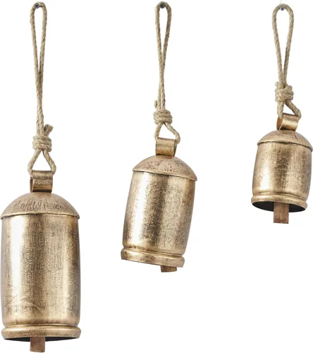 Miniatura 14 de Deco 79 - Campanas de vaca gigantes XL decorativas de metal dorado con cuerda de yute para colgar, juego de 3 campanas de 10 pulgadas, 8 pulgadas