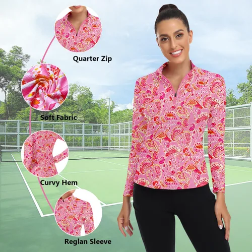 Miniatura 186 de WOWENY Camiseta deportiva de manga larga para mujer, con cremallera de un cuarto, cuello para entrenamiento, camiseta de tenis con estampado