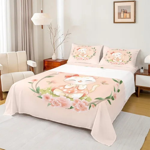 Miniatura 25 de Erosebridal Juego de sábanas de tamaño individual con diseño de gatos y gatos, con temática de animales, con flores coloridas, juego de sábanas