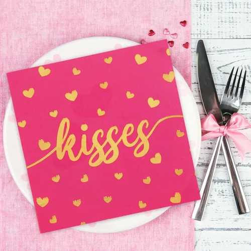 Miniatura 6 de Whaline Paquete de 75 servilletas para el día de San Valentín de 6.5 x 6.5 pulgadas, color rojo, rosa, dorado, servilletas de cena Love XOXO Kisses