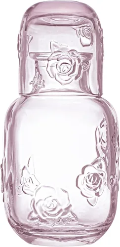 Sizikato Jarra de agua de noche de 15 onzas de cristal rosa en relieve rosa con vaso de cristal. Rosa rosado