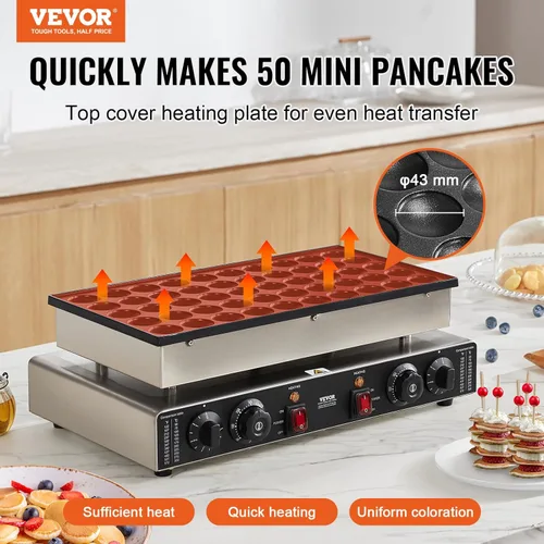Miniatura 4 de VEVOR Mini panqueques holandés de 110 V, 50 unidades de 1700 W, máquina para hacer gofres antiadherentes, eléctrica comercial, 1.8 pulgadas con 2