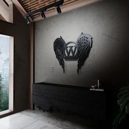 Miniatura 5 de Arte de pared de metal con alas de ángel, letrero con nombre personalizado, decoración moderna del hogar para sala de estar, dormitorio, oficina
