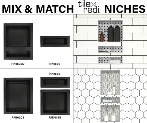 Miniatura 7 de Tile Redi USA Niche - Estante de ducha empotrable individual, negro, un estante interior, 16 pulgadas de ancho x 6 pulgadas de alto x 4 pulgadas