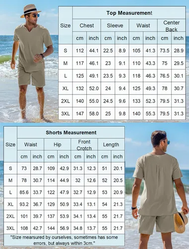 Miniatura 6 de COOFANDY Conjunto de 2 piezas de algodón y lino para hombre, camisa Henley de manga corta y pantalones cortos casuales de playa, trajes de yoga