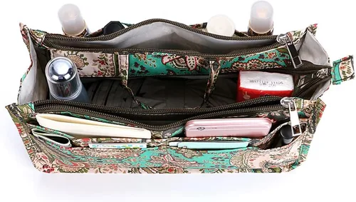 Miniatura 4 de BTSKY Organizador de bolso de mano de impresión dentro del bolso, alta capacidad, 13 bolsillos, organizador con asa, flor de pavo real