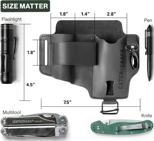 Miniatura 5 de Funda EDC multiherramienta para cinturón - Funda compacta para cuchillo y linterna para uso diario - Funda Leatherman para hombres - Organizador