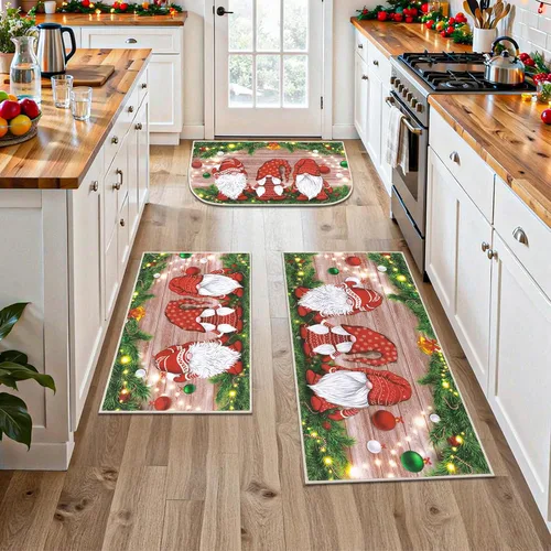 Miniatura 7 de Juego de 3 tapetes de cocina de Feliz Navidad, alfombras antideslizantes de cocina para invierno y fiestas navideñas Xmas, alfombra cómoda
