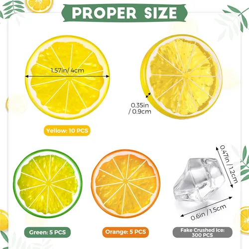 300 cubos de hielo triturados falsos transparentes y 20 rodajas de limón de simulación, frutas artificiales y diamantes acrílicos, hielo