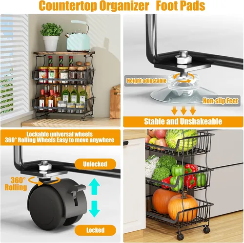 Miniatura 3 de Gsiekare Cesta de frutas y verduras para cocina, cestas de almacenamiento de 4 niveles apilables con ruedas, cestas organizadoras de almacenamiento