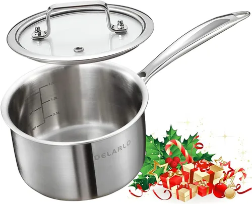 Miniatura 16 de DELARLO Cacerola de Acero Inoxidable Tri-Capa para Todo el Cuerpo de 3 Cuartos con Tapa, Apta para Horno 600℉, Sartén Saucier Resistente de 3