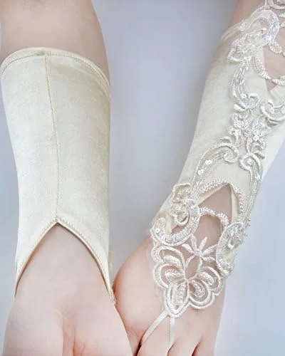 Miniatura 5 de JISEN Guantes de satén sin dedos de los años 20 para mujer, para banquete, fiesta, elegante, con encaje, bordados, para novia, 11 pulgadas
