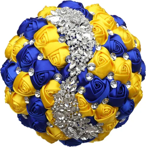 Miniatura 7 de XINNI Ramo de boda verde esmeralda para novia, dama de honor, satén rosa, ramo de boda con diamantes de imitación en forma de lluvia de meteoritos
