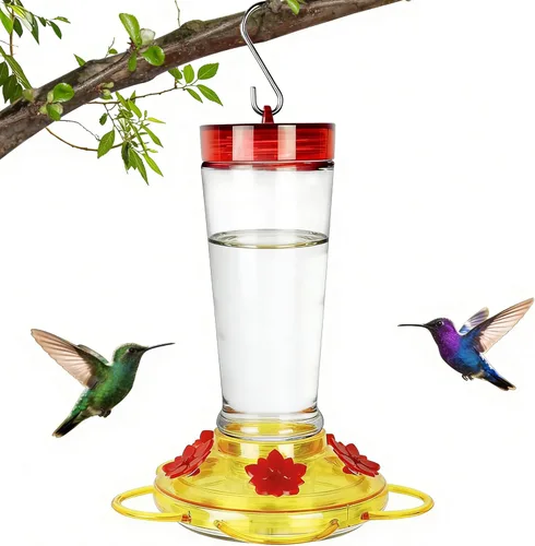 Joliyoou Comedero para colibríes, 10 una vez flores rojas de vidrio para colibríes para colgar al aire libre, alimentador de néctar de pájaro